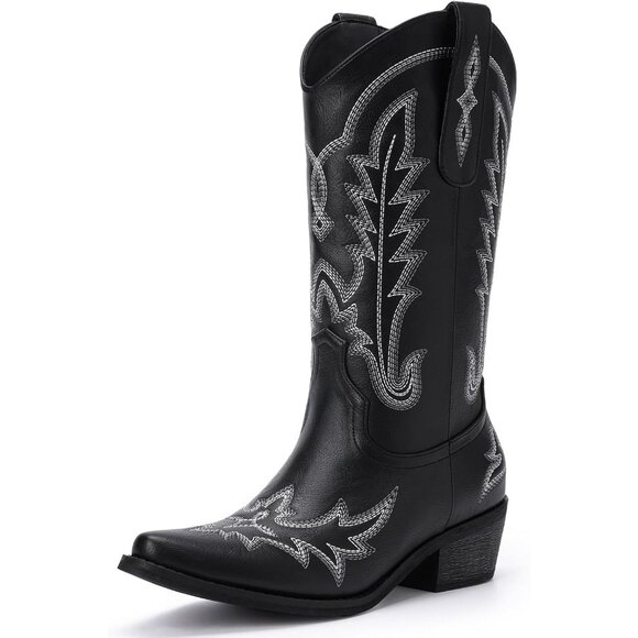 Shoes - Women Black Polyurethane (PU Embroided Chunky Heel Mid Calf Fashion Western Boot